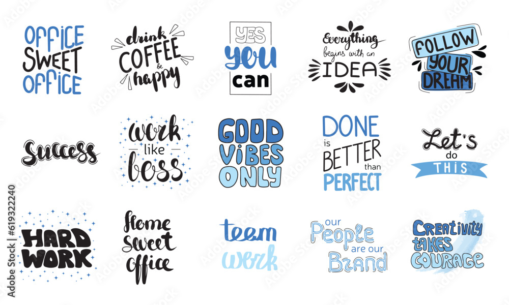 Large collection of phrase about job, work in office. Hand draw lettering calligraphy job set in black and blue color. Vector illustration.
