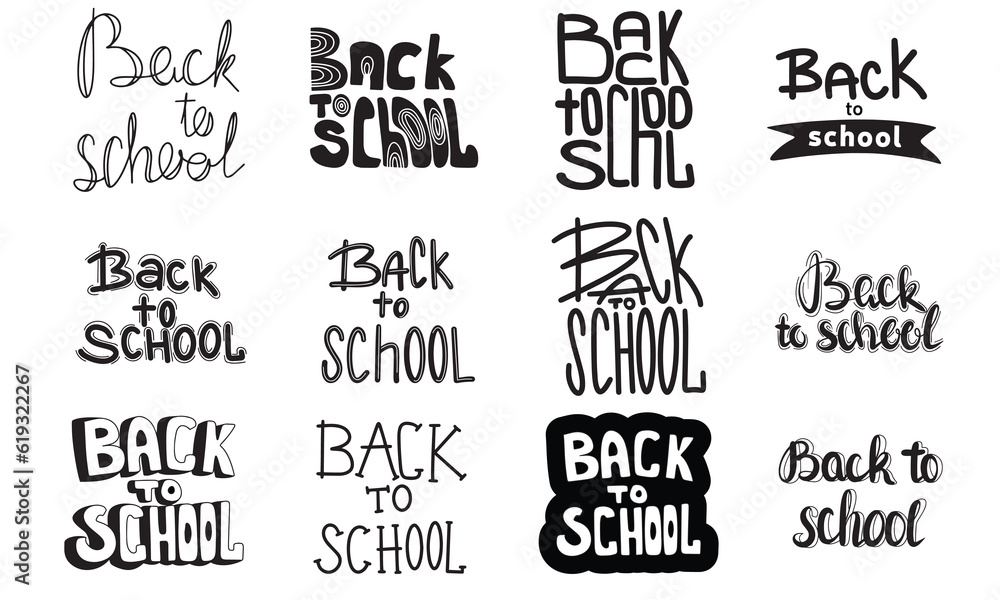 Large collection of phrase Back to school. Hand draw lettering calligraphy education set in black color. Vector illustration.