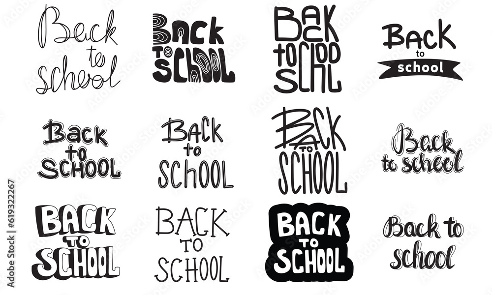 Fototapeta premium Large collection of phrase Back to school. Hand draw lettering calligraphy education set in black color. Vector illustration.