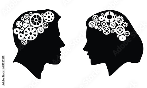 A man and a woman in silhouette with gears or cogs working in their brains. Vector illustration.
