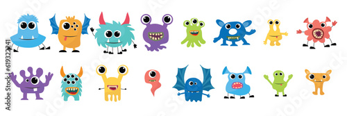 Cute Monsters Vector Set. Kids cartoon character design for poster, baby products logo and packaging design.