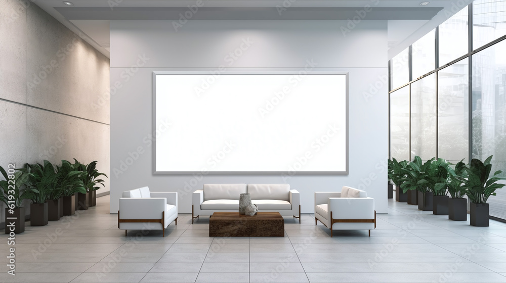 Empty advertising billboard frame on wall in office lobby copy space for mock up design template. generative ai. Empty advertising billboard frame on wall in office lobby copy space for mock up design template. generative ai.