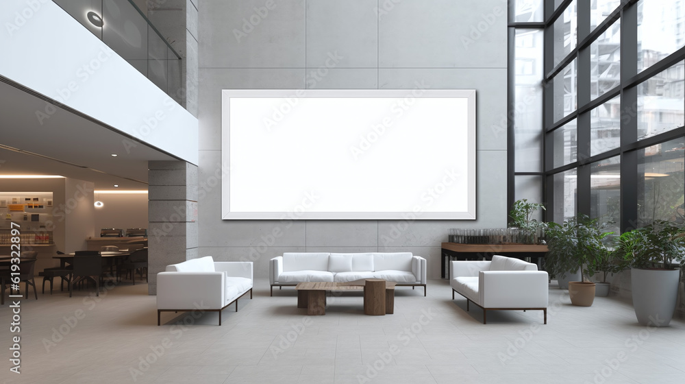 Empty advertising billboard frame on wall in office lobby copy space for mock up design template. generative ai. Empty advertising billboard frame on wall in office lobby copy space for mock up design template. generative ai.