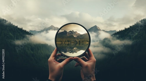 Minimalist depiction of a person holding a camera, capturing the beauty of nature through a lens  photo