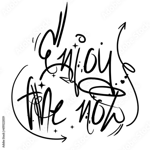 The inscription is made in a modern graffiti style. The inscription Enjoy now, cringe. Fashionable vector isolated illustration on a black background. Street inscriptions with marker with details.
