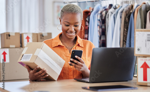 Black woman, phone and logistics of fashion designer for communication, sale or order at boutique store. Happy African female person or small business owner on smartphone for clothing payment at shop photo