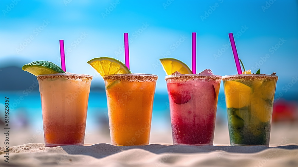 Exotic summer drinks , blur sandy beach on background. generated by AI Exotic summer drinks , blur sandy beach on background. generated by AI