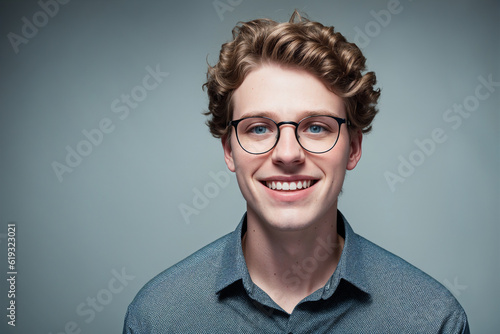 Portrait of happy smiling curly student in eyeglasses on gray studio background. Generative AI photo