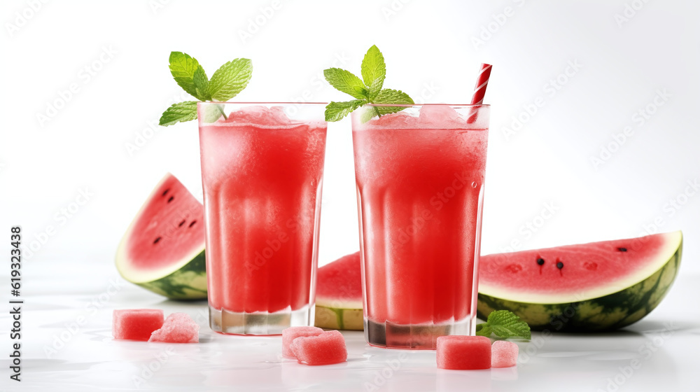 Fresh summer mocktail watermelon juice with ice in a two glass and glass straw on white background. Layout for wide banner with space for text. Generative Ai Fresh summer mocktail watermelon juice with ice in a two glass and glass straw on white background. Layout for wide banner with space for text. Generative Ai