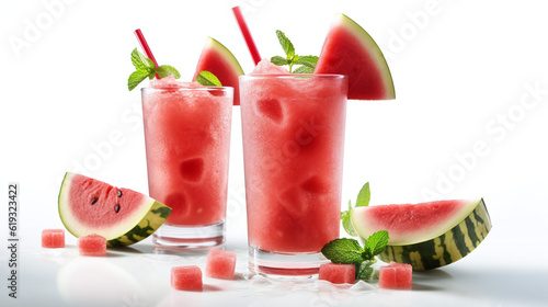 Fresh summer mocktail watermelon juice with ice in a two glass and glass straw on white background. Layout for wide banner with space for text. Generative Ai
