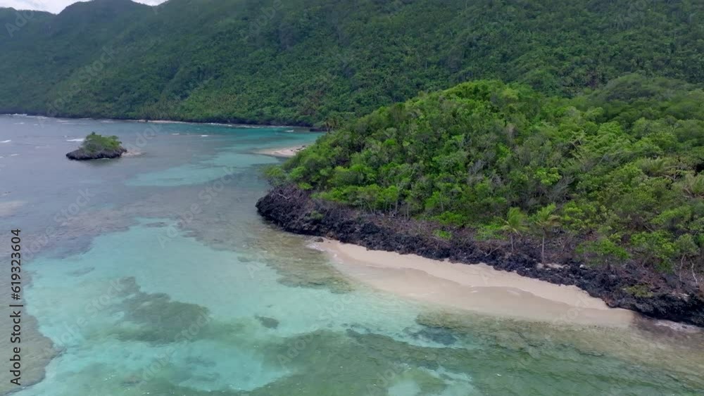 Aerial panorama of beautiful coastline with green mountains and turquoise shoreline in summer