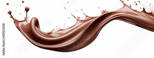 Food photography - Splash of liquid brown chocolate with splashing drops, isolated on white background (Generative Ai)