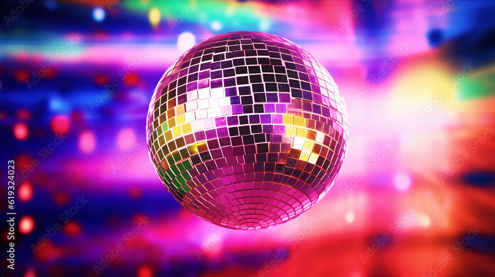Obraz premium Glittering Disco Ball in the Air on Disco Background. Generative Ai