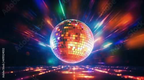 Glittering Disco Ball in the Air on Disco Background. Generative Ai