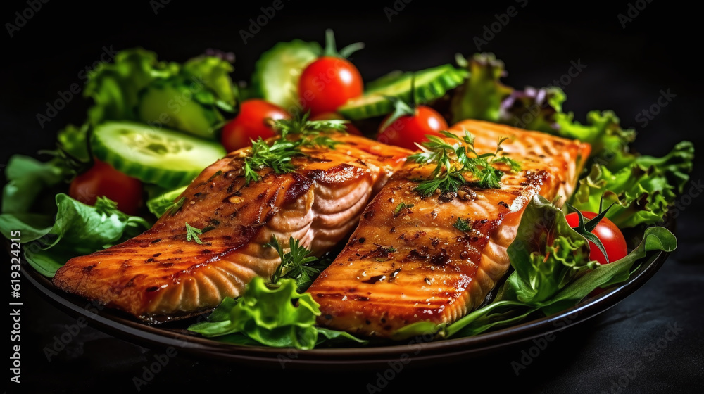 Cedar plank grilled or roasted salmon with herbs, garlic and spices. Generative AI