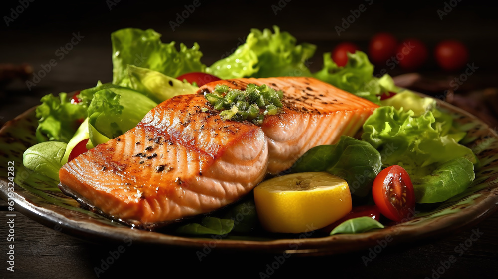 Cedar plank grilled or roasted salmon with herbs, garlic and spices. Generative AI Cedar plank grilled or roasted salmon with herbs, garlic and spices. Generative AI