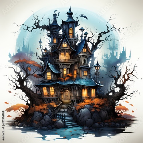 Scary halloween mansion cartoon isolated on white background.