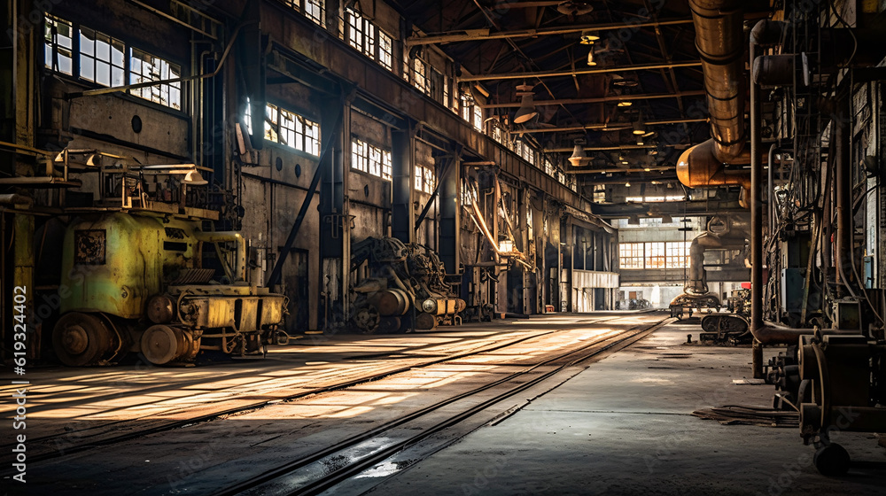 Abandoned ruined industrial building room inside interior. Generative Ai