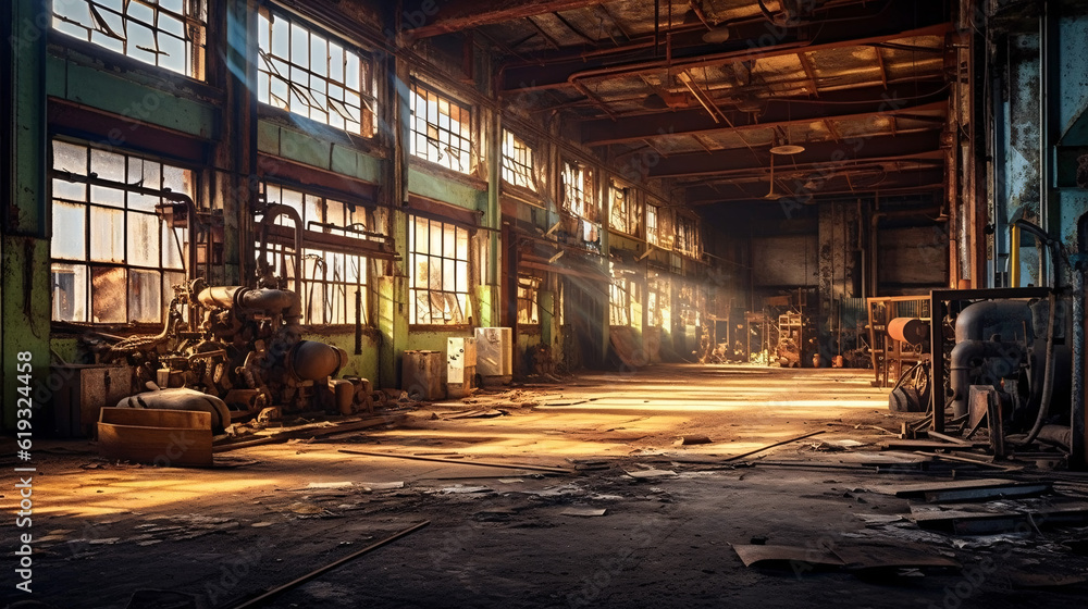 Abandoned ruined industrial building room inside interior. Generative Ai