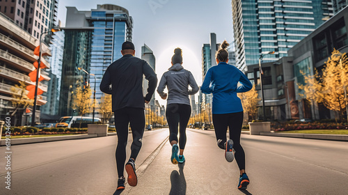 Fototapeta Naklejka Na Ścianę i Meble -  Three runners sprinting outdoors - Sportive people training in a urban area, healthy lifestyle and sport concepts. Generative Ai