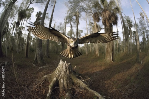 majestic bird soaring over a dense forest landscape