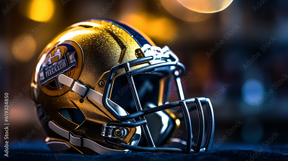 American football helmet on Football Field,stadium background ,Generative AI American football helmet on Football Field,stadium background ,Generative AI