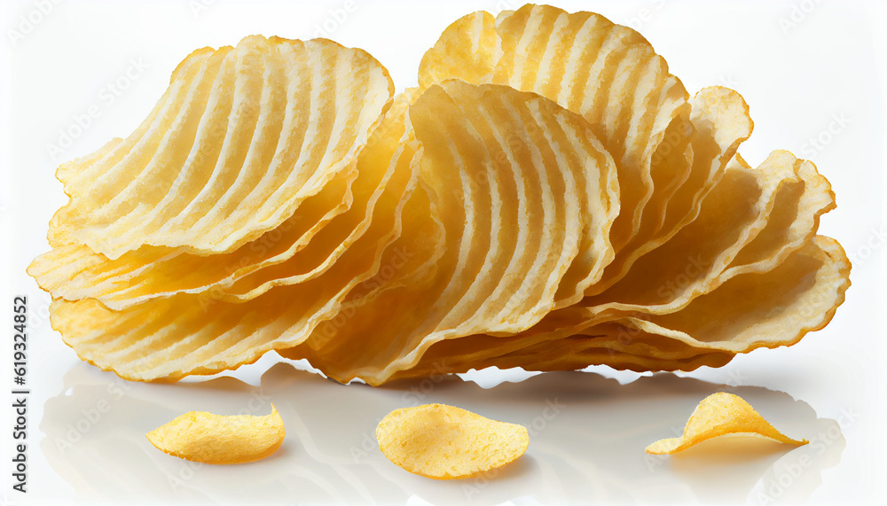  Pile of potato chips or crisps,m crispy and delicious crisps, a popular snack food enjoyed worldwide, isolated on a white background Ai generated image - obrazy, fototapety, plakaty 