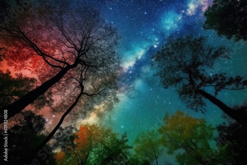 serene night sky with a canopy of stars above a forest of trees