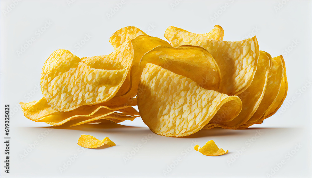  Pile of potato chips or crisps,m crispy and delicious crisps, a popular snack food enjoyed worldwide, isolated on a white background Ai generated image - obrazy, fototapety, plakaty 
