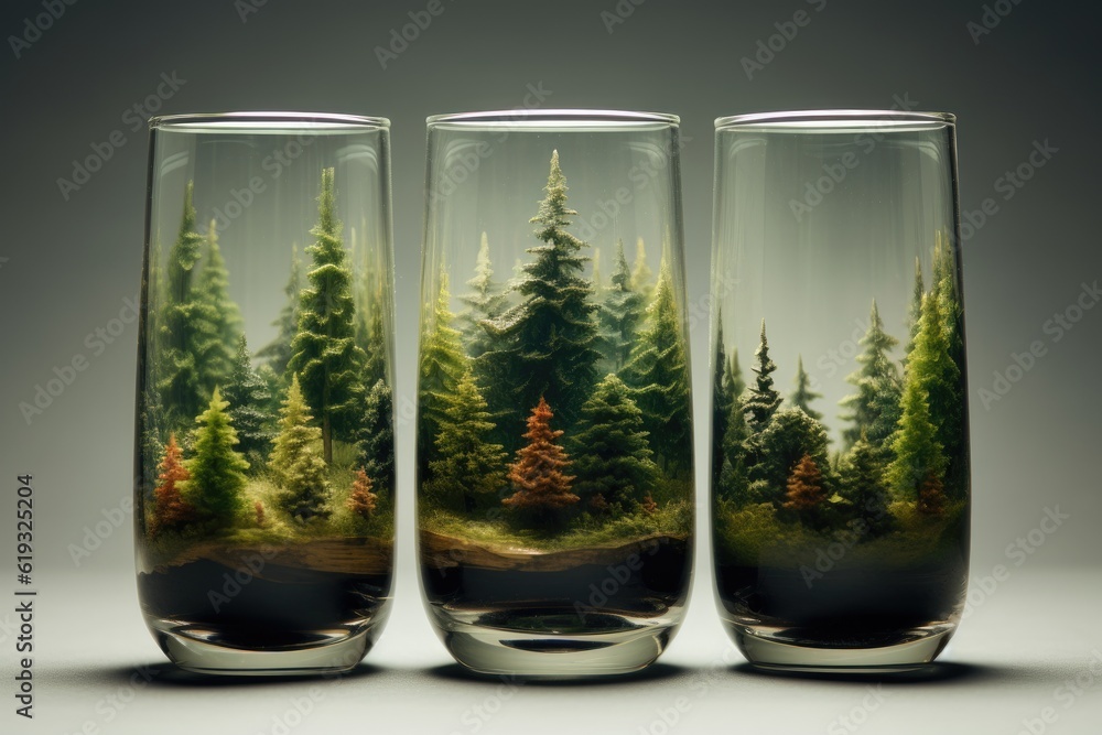 Three glasses filled with a forest landscape, generative ai Three glasses filled with a forest landscape, generative ai