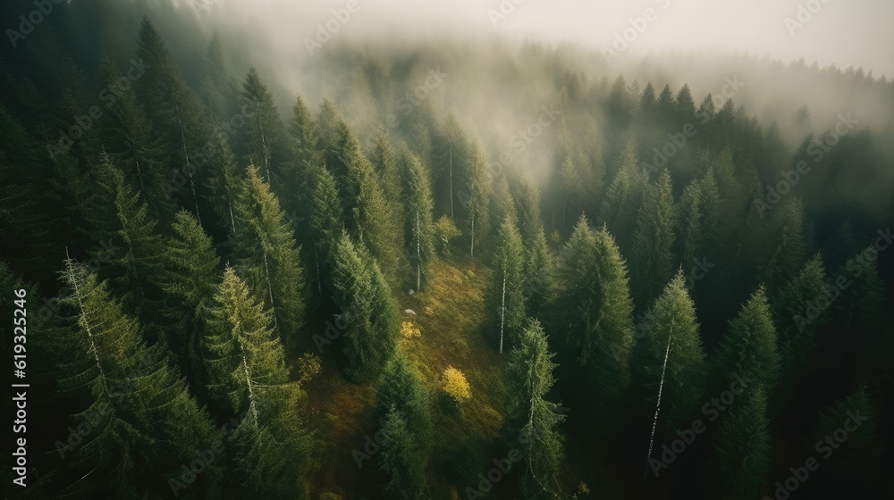 Aerial view of foggy forest with coniferous trees.