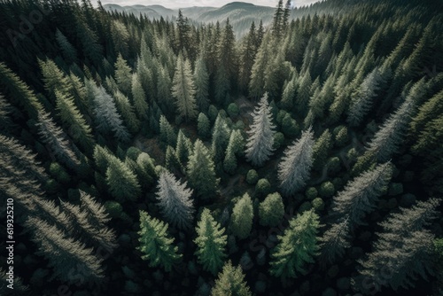 serene view of tall pine trees in a dense forest. Generative AI