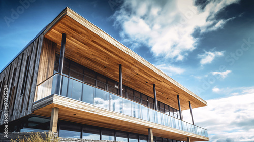 Modern timber clad building with an upward view to a cloudy blue sky. Generative Ai