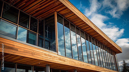 Modern timber clad building with an upward view to a cloudy blue sky. Generative Ai