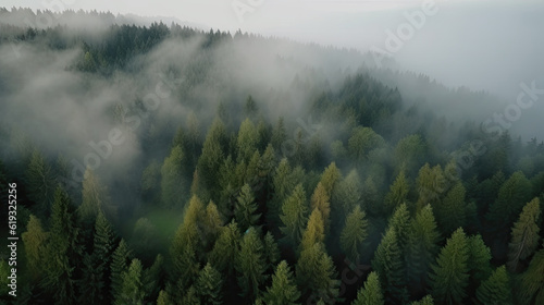 Aerial view of foggy forest with coniferous trees. © Barosanu