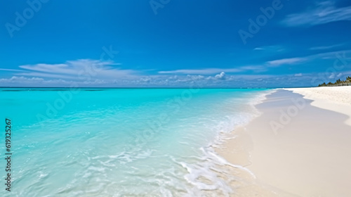 tropical paradise beach with white sand and coco palms travel tourism wide panorama background concept. Generative Ai © rorozoa