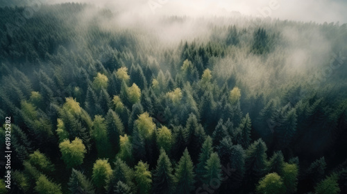 Aerial view of foggy coniferous forest in the morning