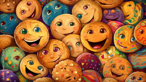 Cartoon funny cookies. Funny food background.