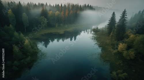 Aerial view of a misty forest lake in the morning. © Barosanu