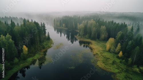Aerial view of foggy forest and lake. Drone photography.