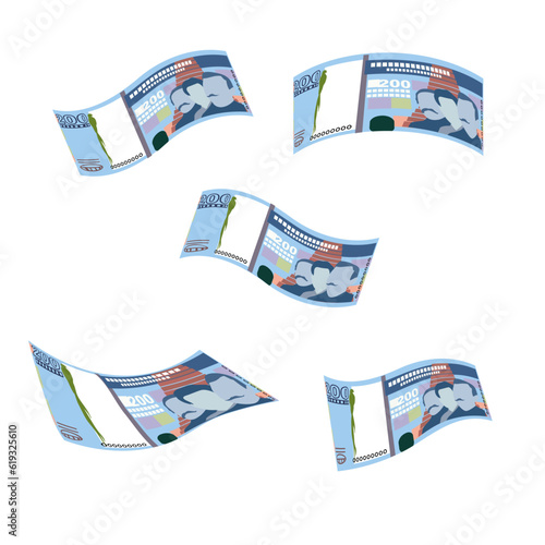 Guatemalan Quetzal Vector Illustration. Guatemala money set bundle banknotes. Falling, flying money 200 GTQ. Flat style. Isolated on white background. Simple minimal design.