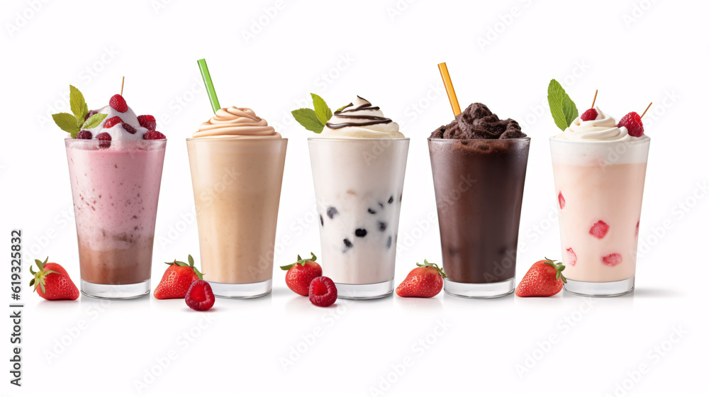 Set of fresh various delicious milkshakes or smoothies, top vies, isolated on white background. Strawberry, vanilla and chocolate flavor. Generative Ai Set of fresh various delicious milkshakes or smoothies, top vies, isolated on white background. Strawberry, vanilla and chocolate flavor. Generative Ai