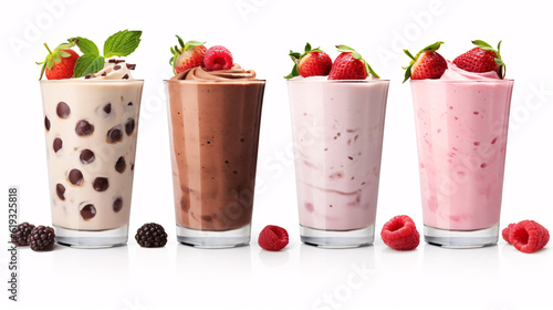 Set of fresh various delicious milkshakes or smoothies  top vies  isolated on white background. Strawberry  vanilla and chocolate flavor. Generative Ai