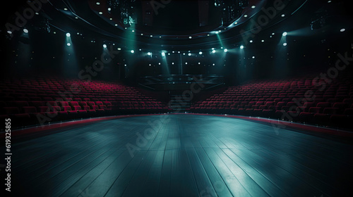 Empty cinema auditorium with red seats and spotlights. © Barosanu
