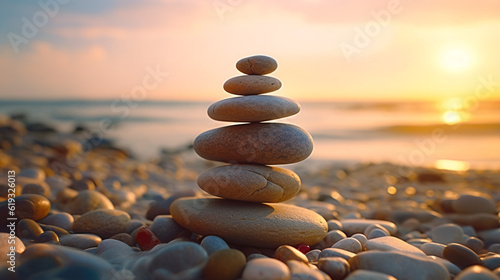 Stack zen stones on pebble beach. Generative Ai
