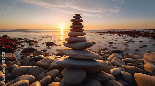 Stack zen stones on pebble beach. Generative Ai