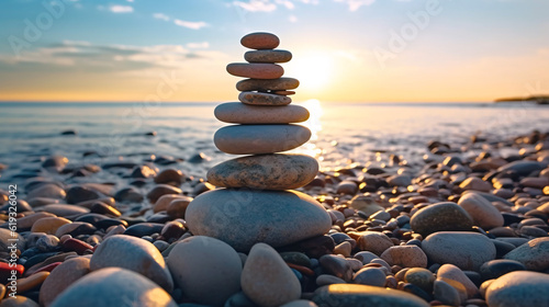 Stack zen stones on pebble beach. Generative Ai