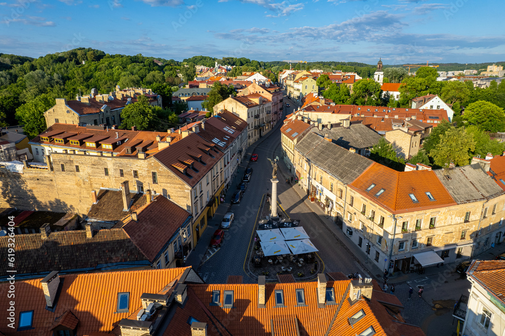 Aerial summer sunny sunset view of beautiful Vilnius Old Town, Užupis, Lithuania