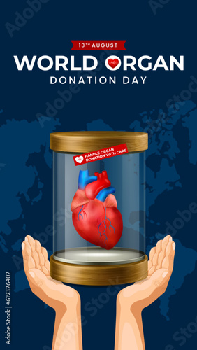World organ donation day with heart for transplantation, saving lives, social network post story, artwork, print, doodle, vector illustration (Vector)