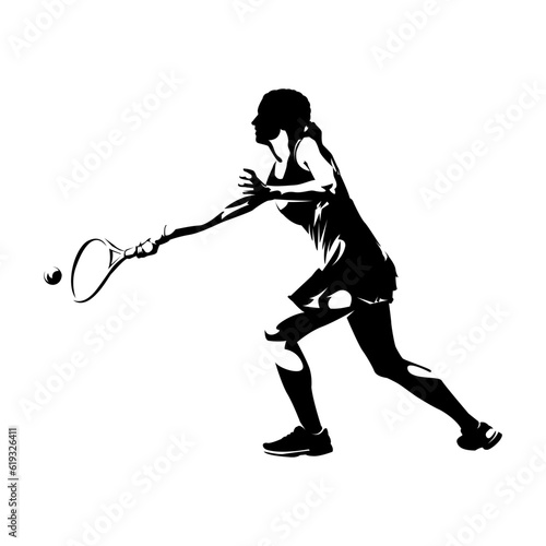 Women's tennis player vector silhouettes on white background isolated.  Silhouette of a tennis player with racket hits the ball. Vector illustration